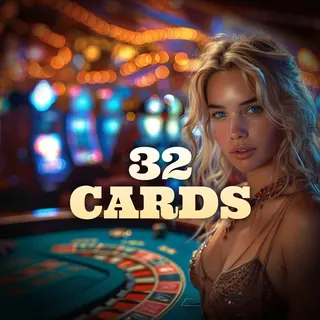 32 Cards title artwork in front of a roulette table
